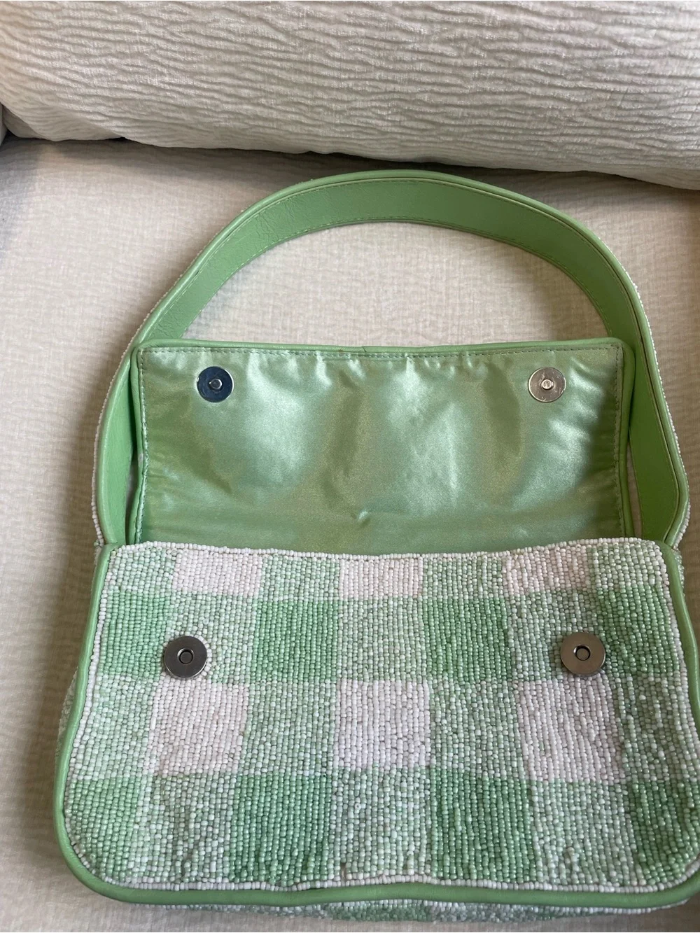 STAUD Green and White Checkered Beaded Shoulder Bag